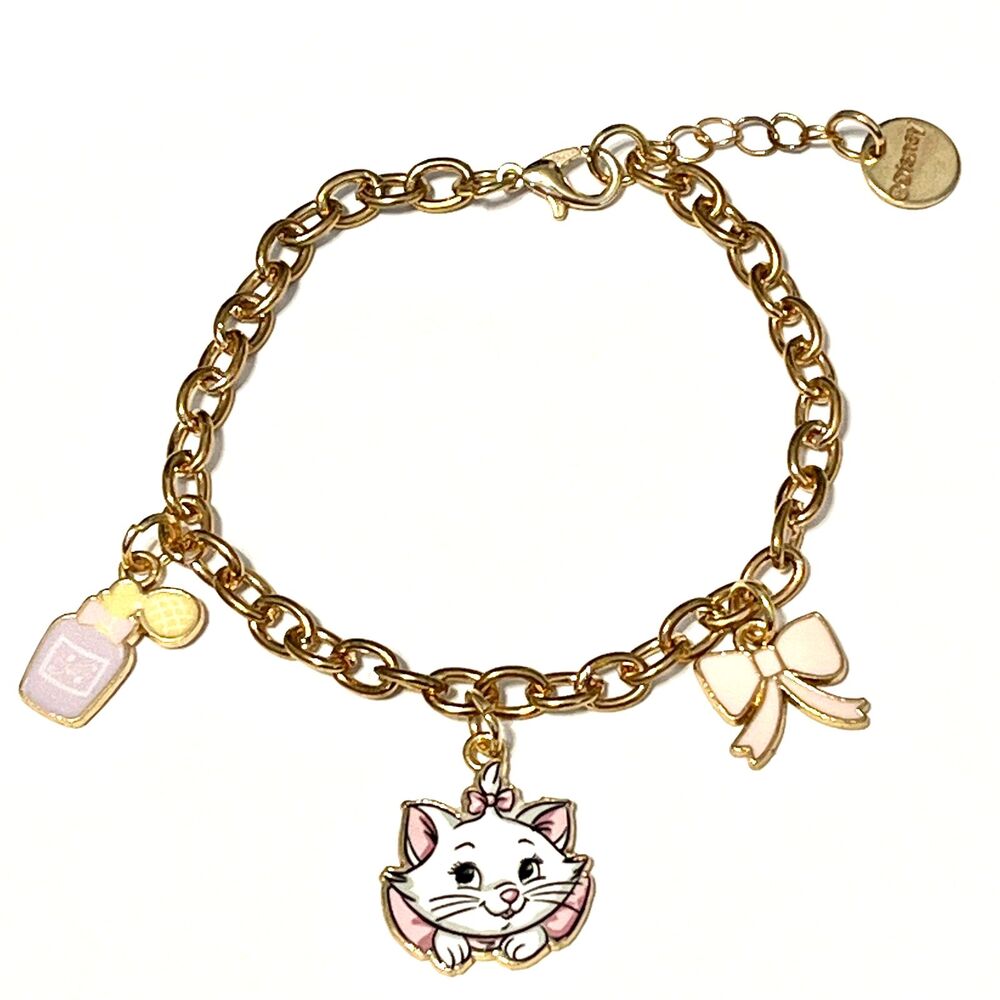 Disney Aristocats Marie Cat Charm Bracelet Heart Bow Signed 7-8" White Gold Tone